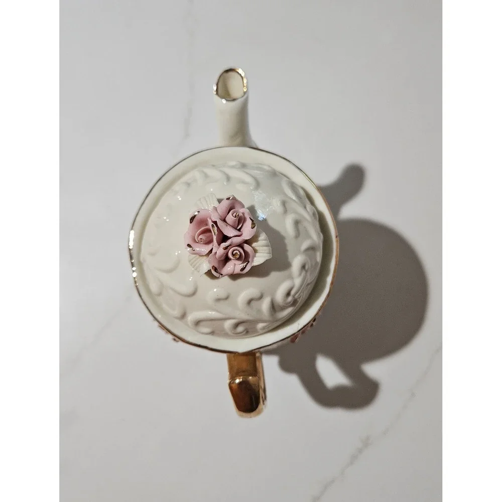 Vintage Miniature Porcelain Teapot Pink 3D Roses Gold Trim Embossed Scroll Decor